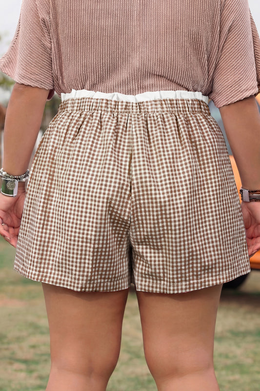 Khaki Contrast Trim Plaid Print Plus Size Shorts