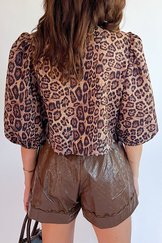 Brown Leopard Bow Tie Puff Sleeve Blouse