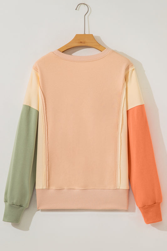 Beige Color Block Patchwork Split Hem Casual Sweatshirt