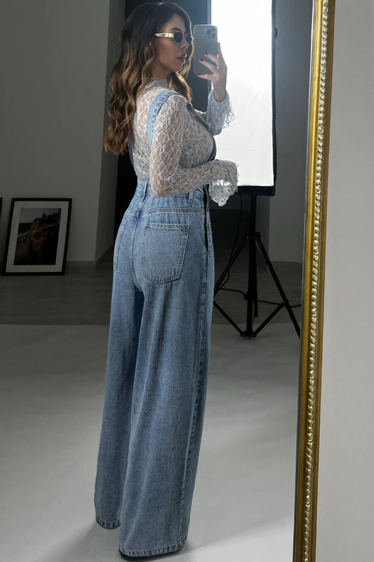 Dusk Blue Pleated Wide Leg Retro Pocketed Denim Jumpsuit