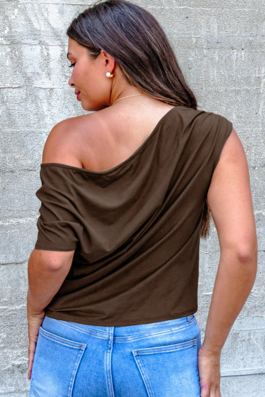 Coffee Plus Size Solid Color Asymmetric Neck Short Sleeve Blouse