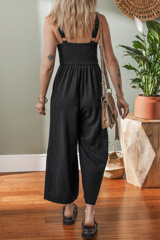 Black Front Cut Out Smocked Back Sleeveless Wide Leg Jumpsuit