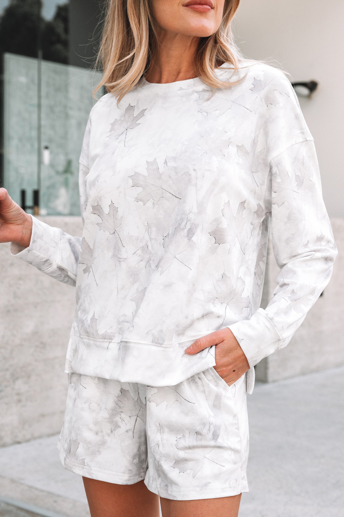 Beige Maple Camo Print Pullover Top and Elastic Waist Casual Short Set