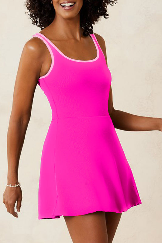 Rose Red Contrast Trim Neckline Active Shorts Attached One Piece Swim Dress