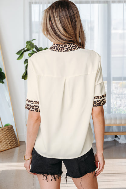 Jet Stream Leopard Patchwork Trim Split Neck Short Sleeve Blouse