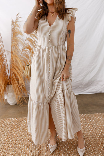 Khaki Stripe Flutter Sleeve Buttoned Front Slit Maxi Dress