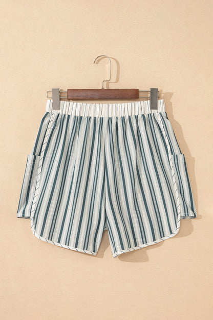 Gray Stripe Elastic Waist Cargo Pocket Casual Shorts