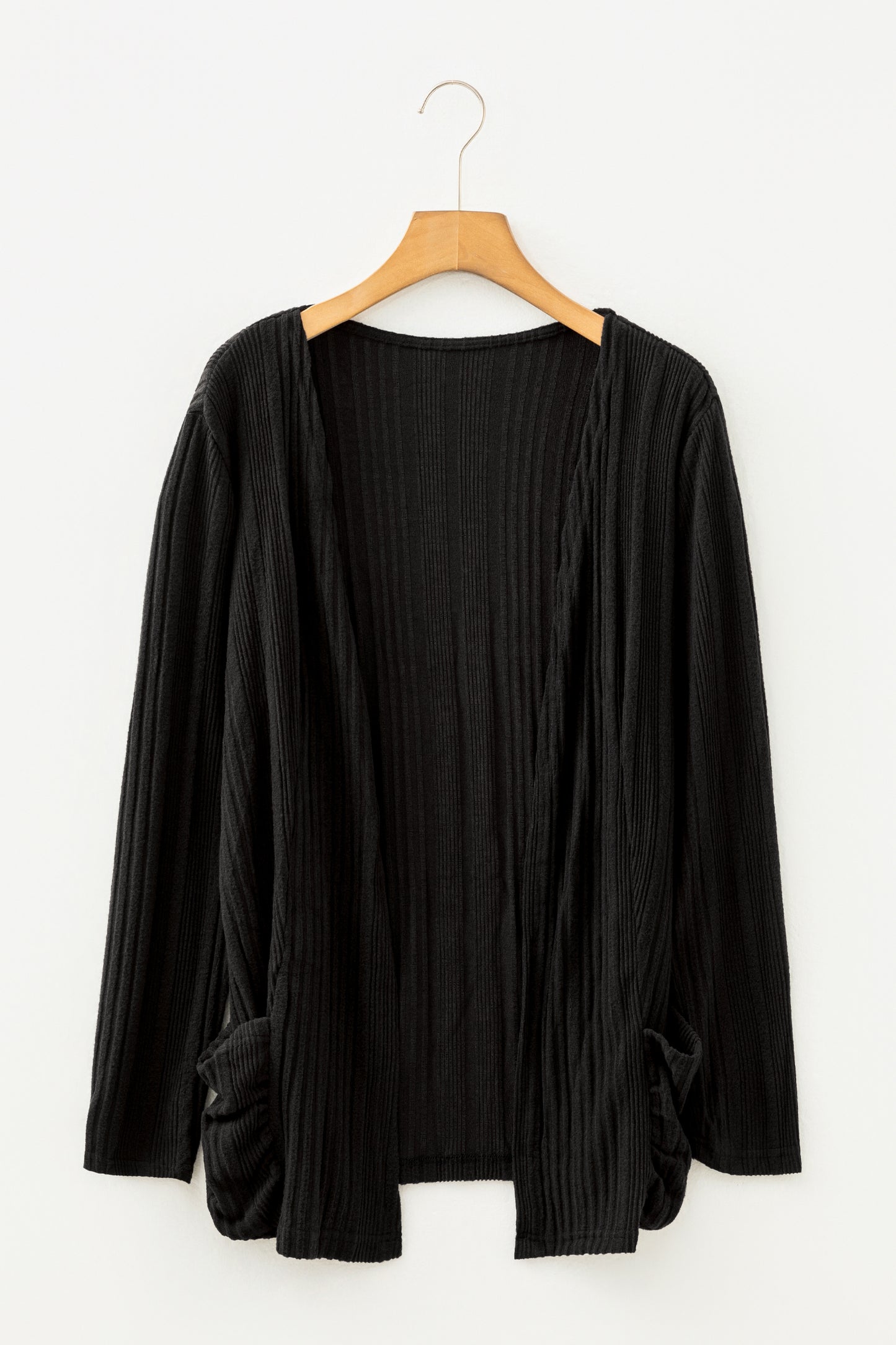 Black Ribbed Open Front Knitted Top with Pockets