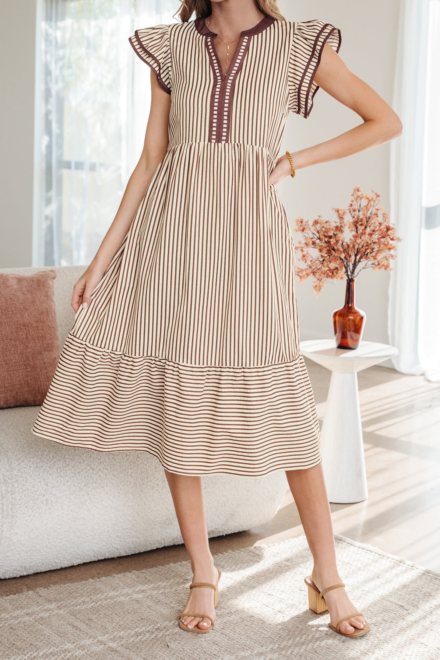 Brown Stripe Double Ruffled Short Sleeve Contrast Trim V Neck Midi Dress