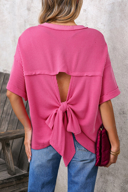 Rose Red Spiral Ribbed Cutout Bow Knot Back Oversize T Shirt