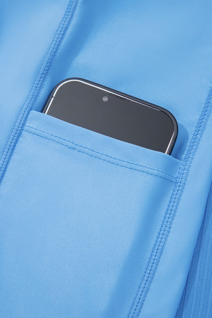 Dusk Blue Color Block Edge Ribbed Pocketed Lined Swim Dress