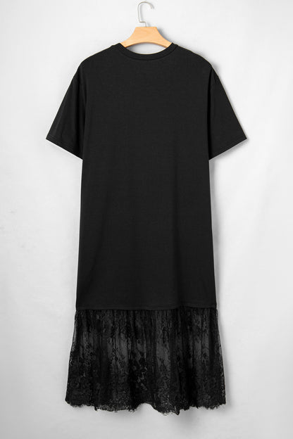 Black Plus Size Lace Hem Patchwork T Shirt Midi Dress