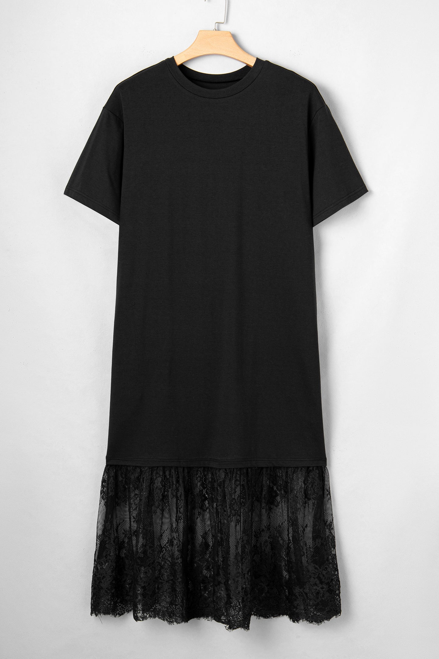 Black Plus Size Lace Hem Patchwork T Shirt Midi Dress
