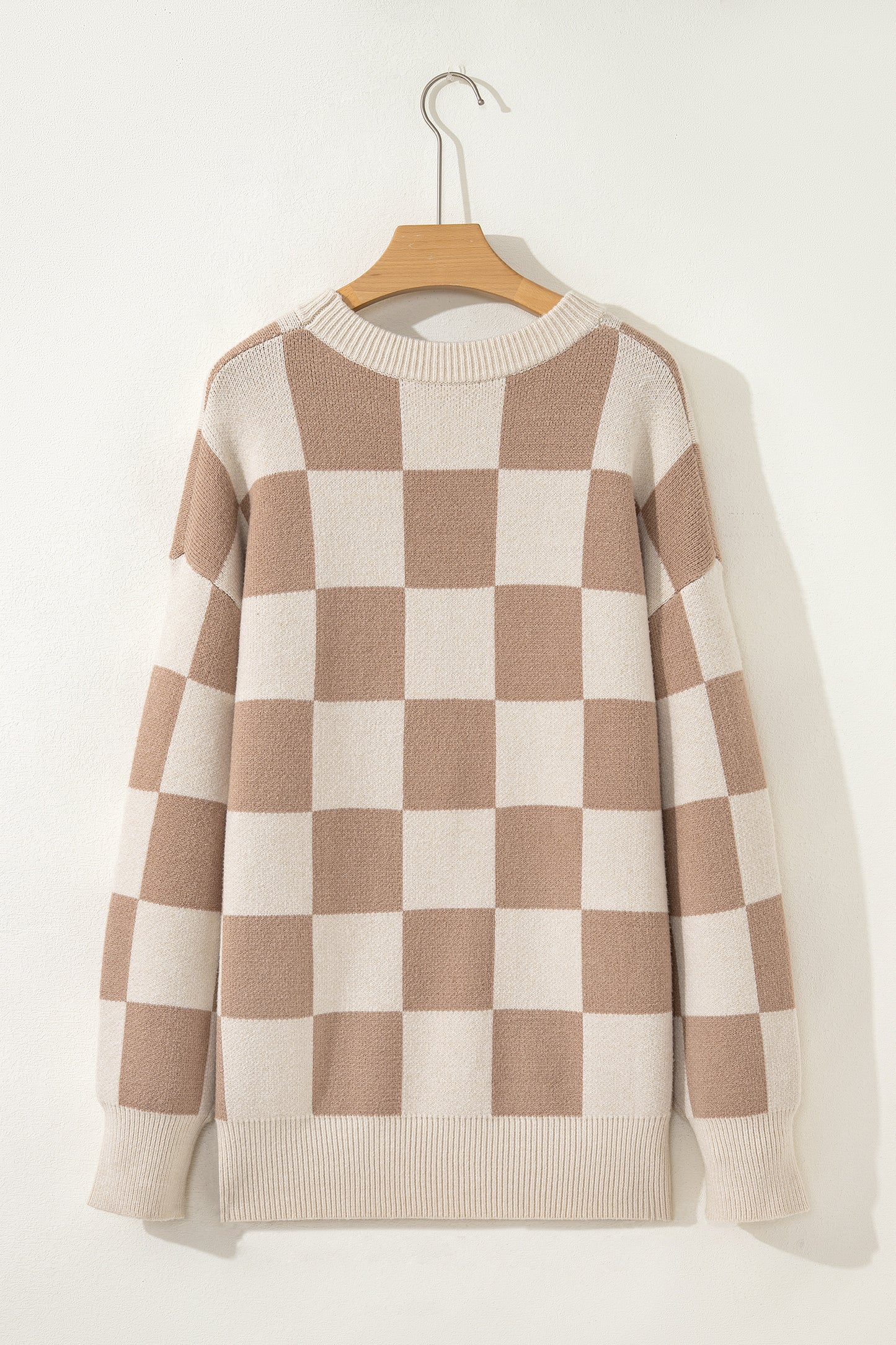 Parchment Checkered Pattern Ribbed Trim Knit Baggy Sweater
