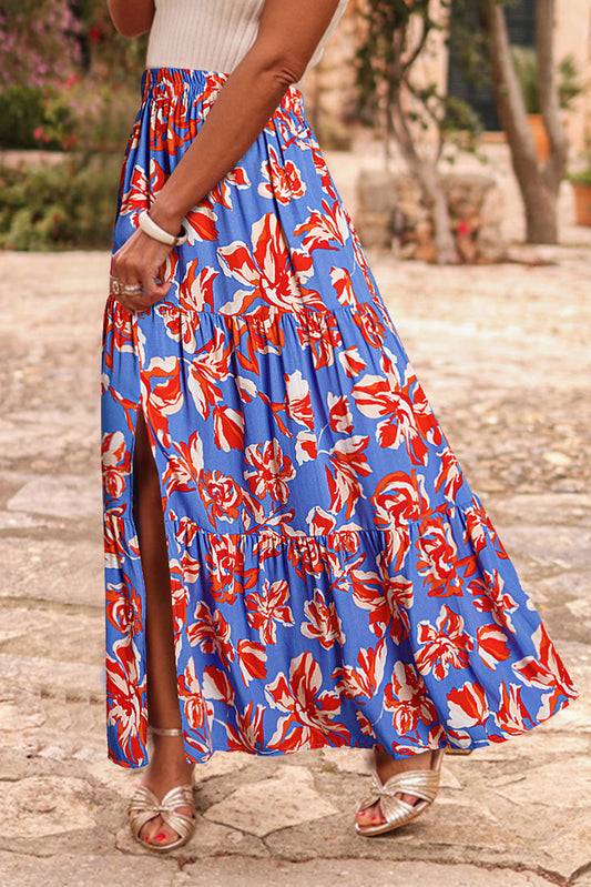 Blue Bohemian Floral Print Tiered Maxi Skirt with Split