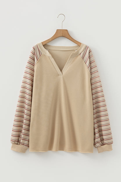 Parchment Striped Raglan Sleeve Notched Neck Raw Edge Plus Size Jumper