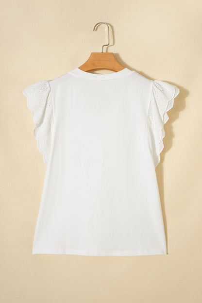 White Eyelet Embroidered Flutter Sleeve Patchwork V Neck Tee