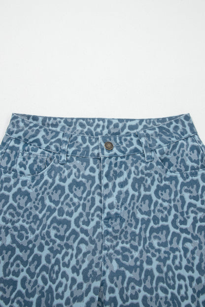Gray Leopard Frayed Edge Wide Leg High Waist Jeans
