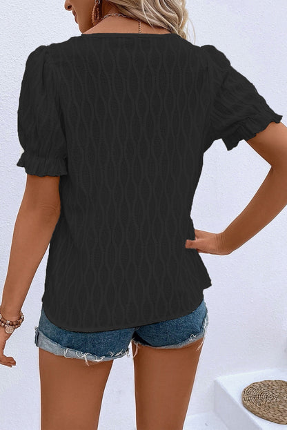 Beau Blue Solid Color Textured Notched Neck Puff Sleeve Blouse