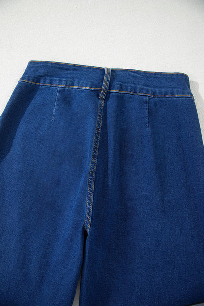 Sail Blue Hardware Decor Patched Pockets Wide Leg Denim Pants