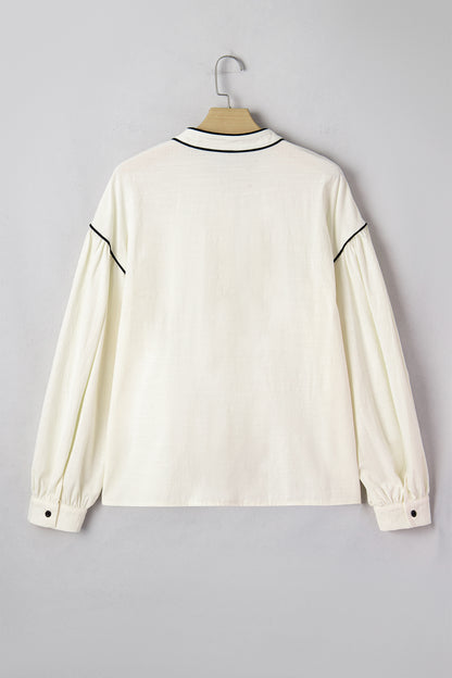 Beige Contrast Color Trim Button Down Long Puff Sleeve Shirt