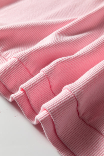 Pink 3d Ribbed XOXO Heart Embroidered Drop Shoulder Sweatshirt