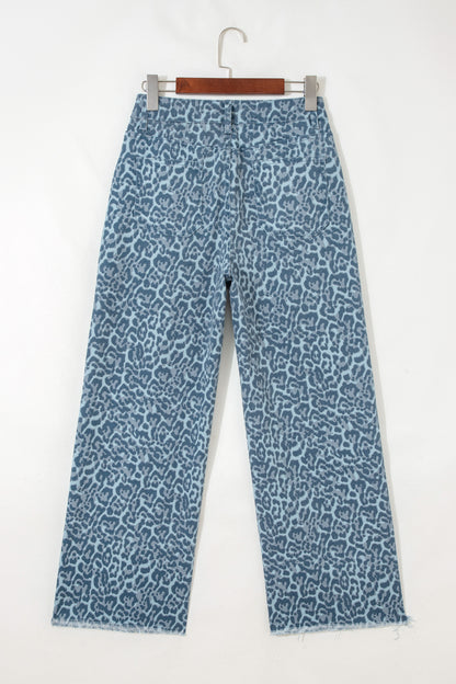 Gray Leopard Frayed Edge Wide Leg High Waist Jeans