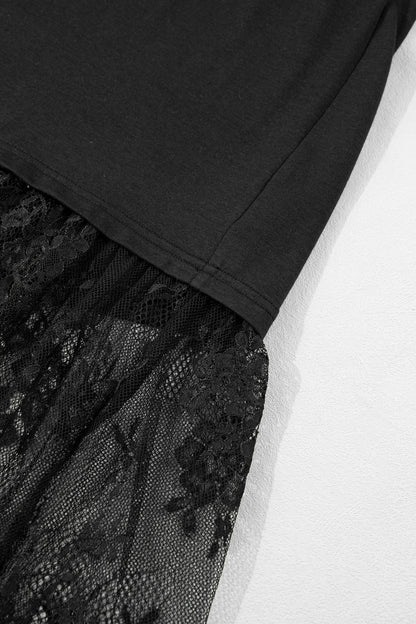 Black Plus Size Lace Hem Patchwork T Shirt Midi Dress