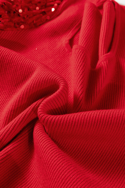 Fiery Red Sequin Sleeve Patchwork Ribbing Knit Square Neck Holiday Sweater