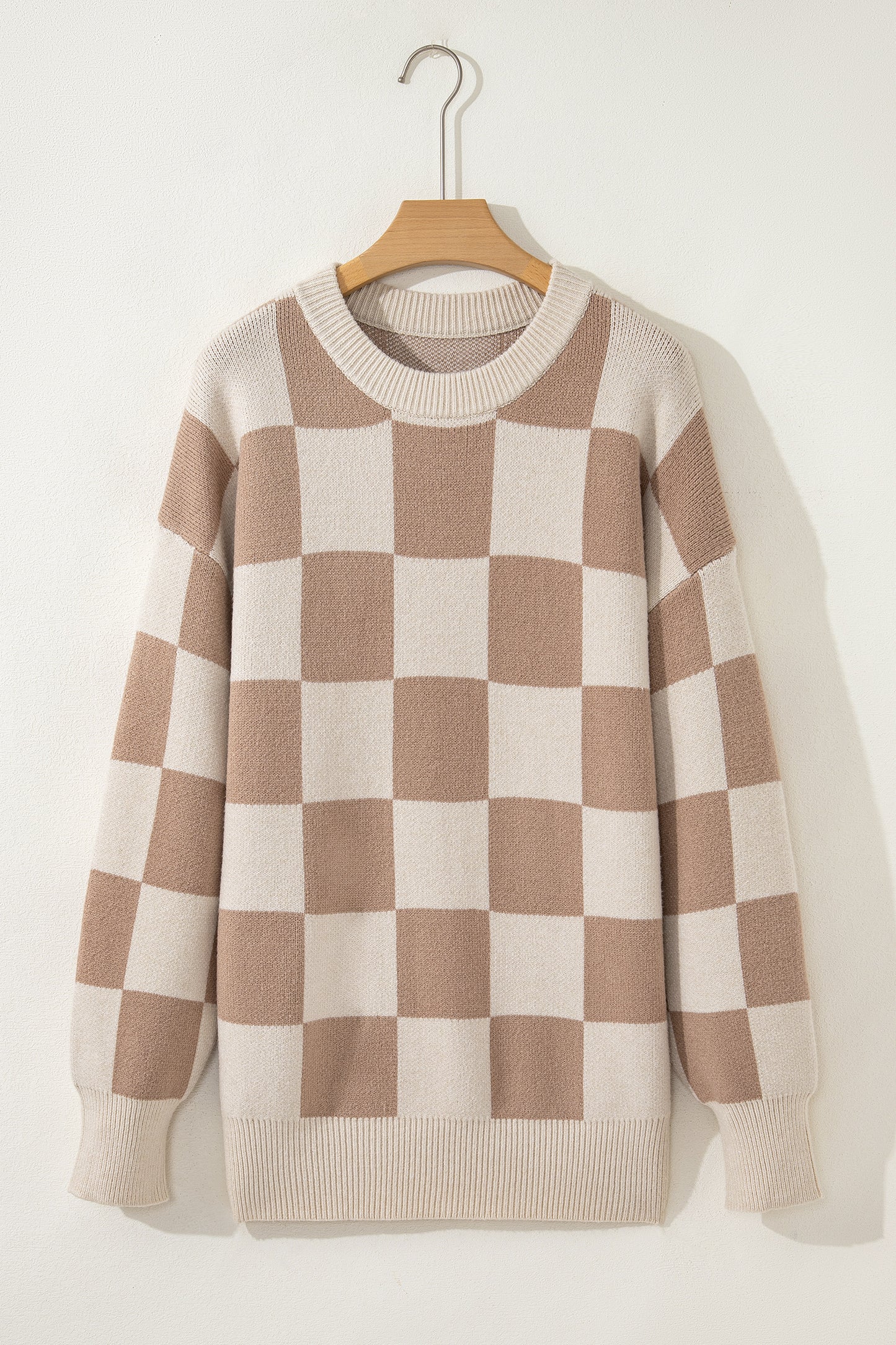 Parchment Checkered Pattern Ribbed Trim Knit Baggy Sweater