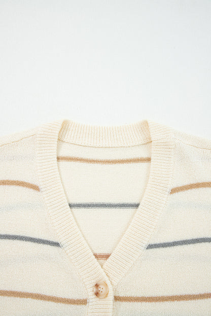 Multicolour Striped Buttoned Front V Neck Drop Shoulder Cardigan Sweater