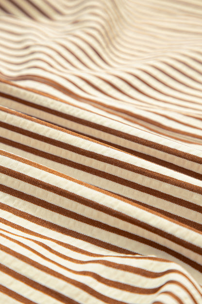 Brown Stripe Double Ruffled Short Sleeve Contrast Trim V Neck Midi Dress