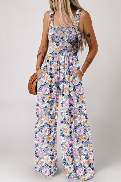 Green Floral Print Smocked High Waist Square Neck Jumpsuit