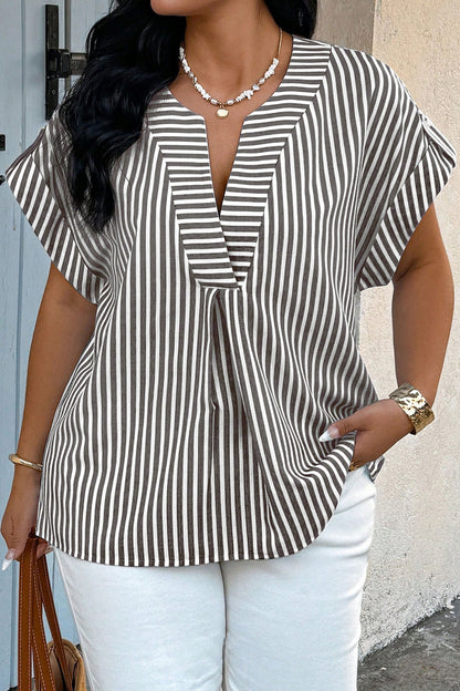Black Stripe Plus Size V Neck Roll-tab Short Dolman Sleeve Blouse