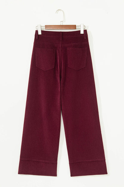 Burgundy Corduroy Solid Color High Waist Wide Leg Pants