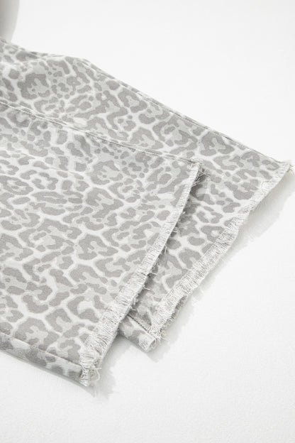 Gray Leopard Frayed Edge Wide Leg High Waist Jeans