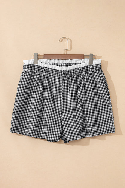 Khaki Contrast Trim Plaid Print Plus Size Shorts