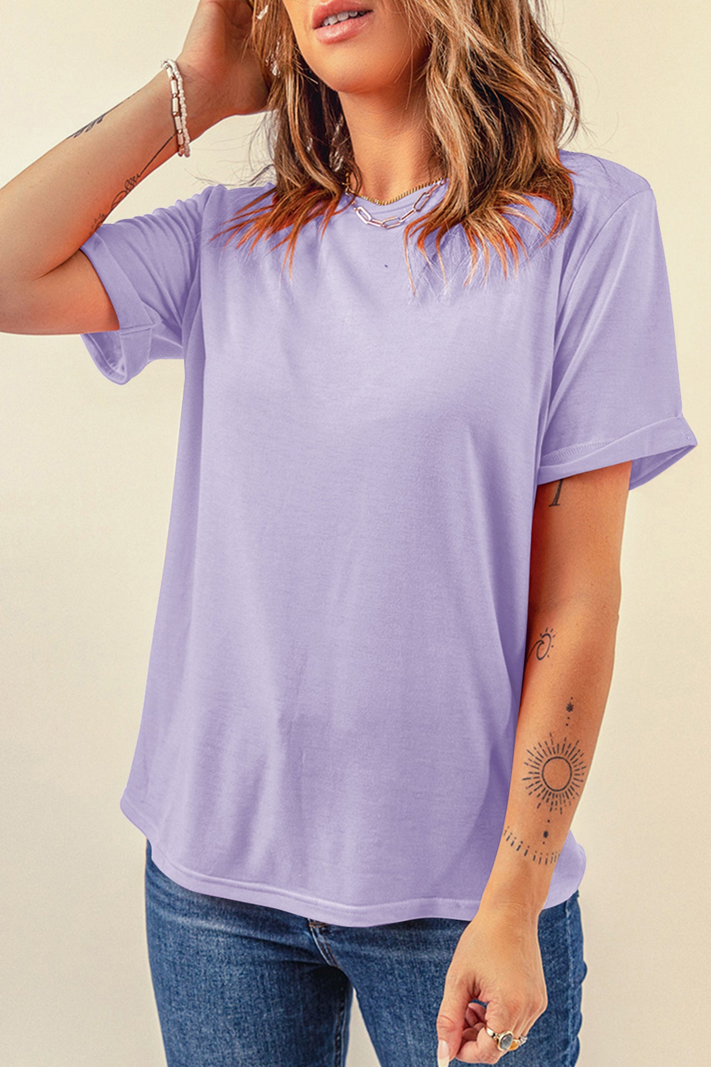 Orchid Petal Casual Plain Crew Neck Tee