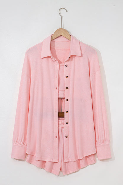 Light Pink 3 Pcs Crop Tank Top Shorts with Cardigan Lounge Set