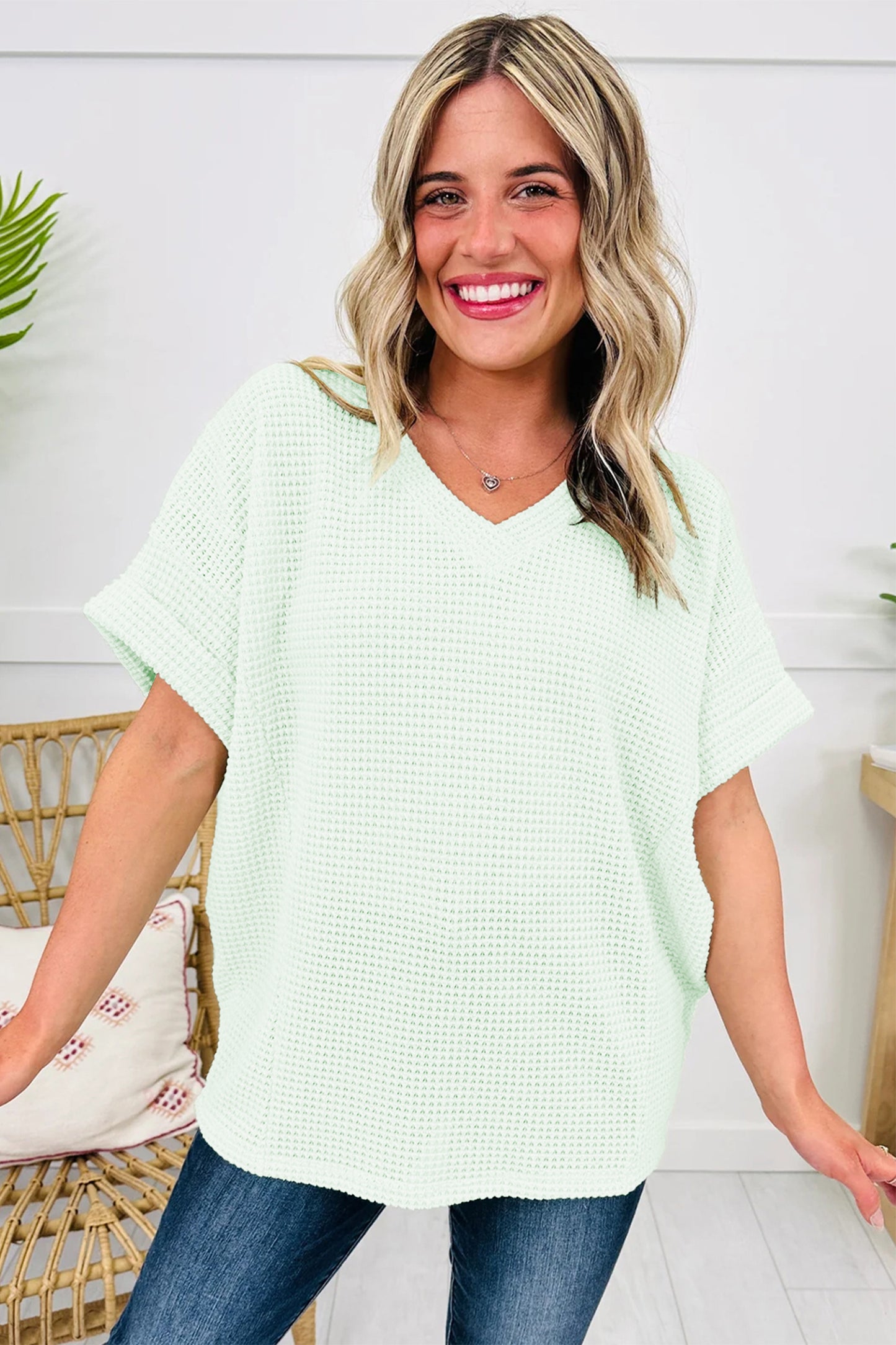 Wisteria Waffle V Neck Short Sleeve Knit Top