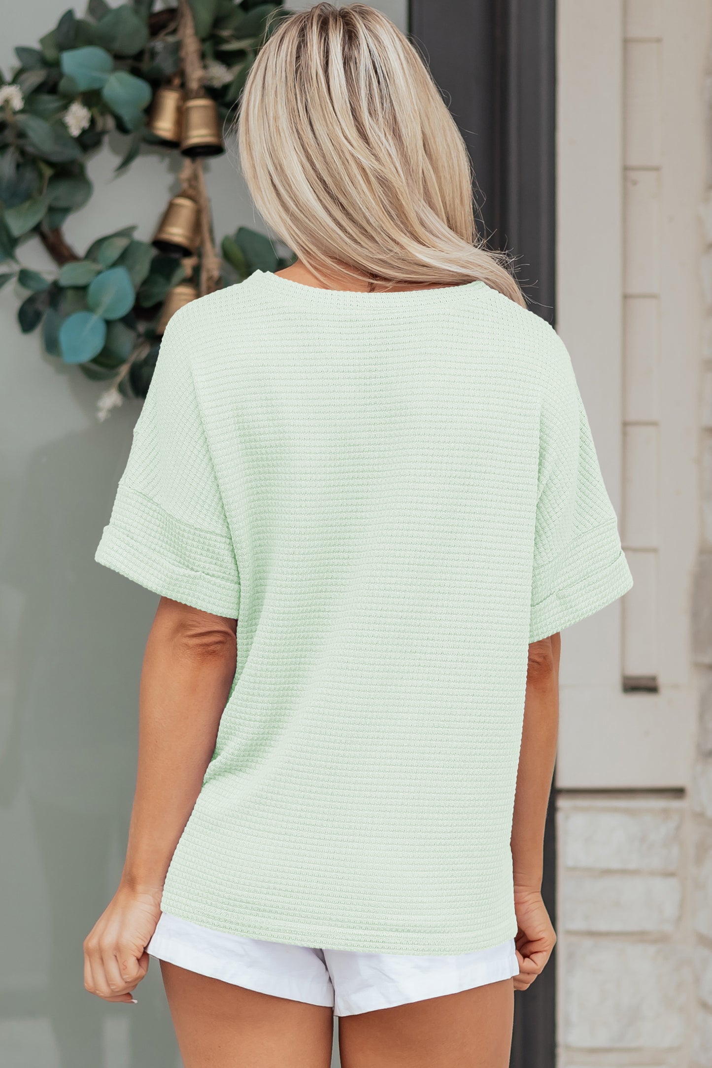 Wisteria Waffle V Neck Short Sleeve Knit Top