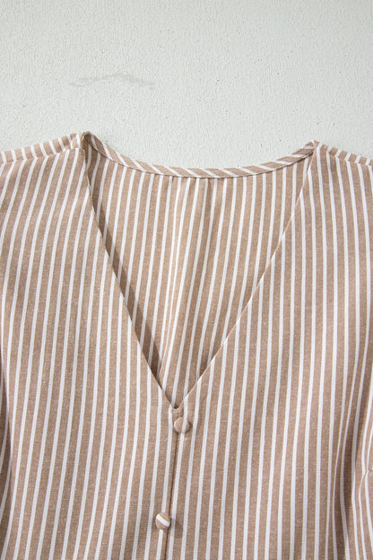 Khaki Stripe Flutter Sleeve Buttoned Front Slit Maxi Dress