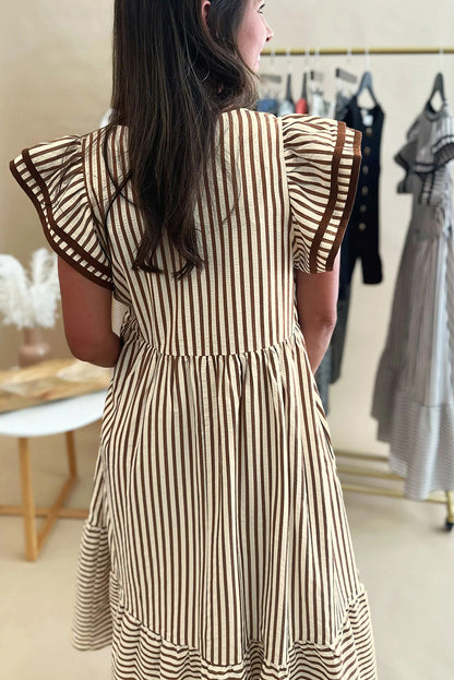 Brown Stripe Double Ruffled Short Sleeve Contrast Trim V Neck Midi Dress