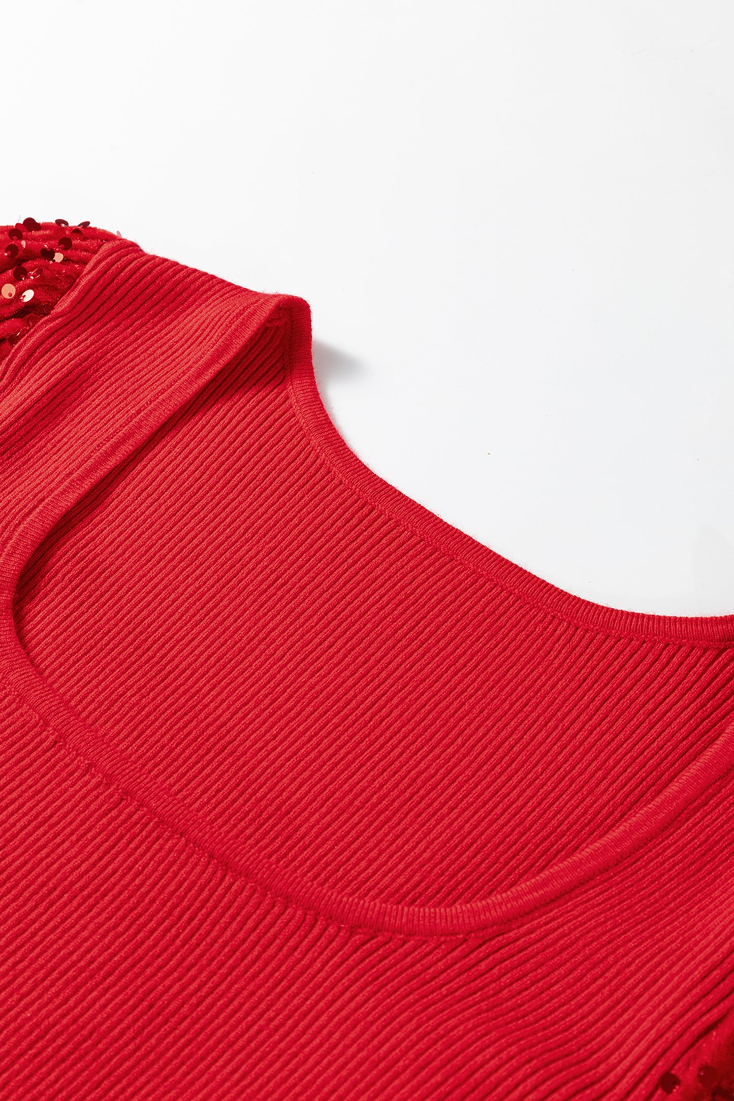 Fiery Red Sequin Sleeve Patchwork Ribbing Knit Square Neck Holiday Sweater