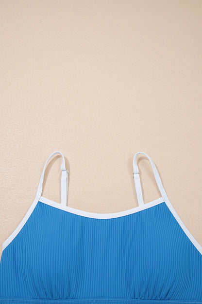 Dusk Blue Color Block Edge Ribbed Pocketed Lined Swim Dress