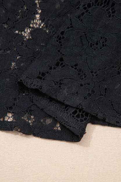 Black Floral Lace Overlay Tassel Tie Short Sleeve Beach Vacation Loose Maxi Dress