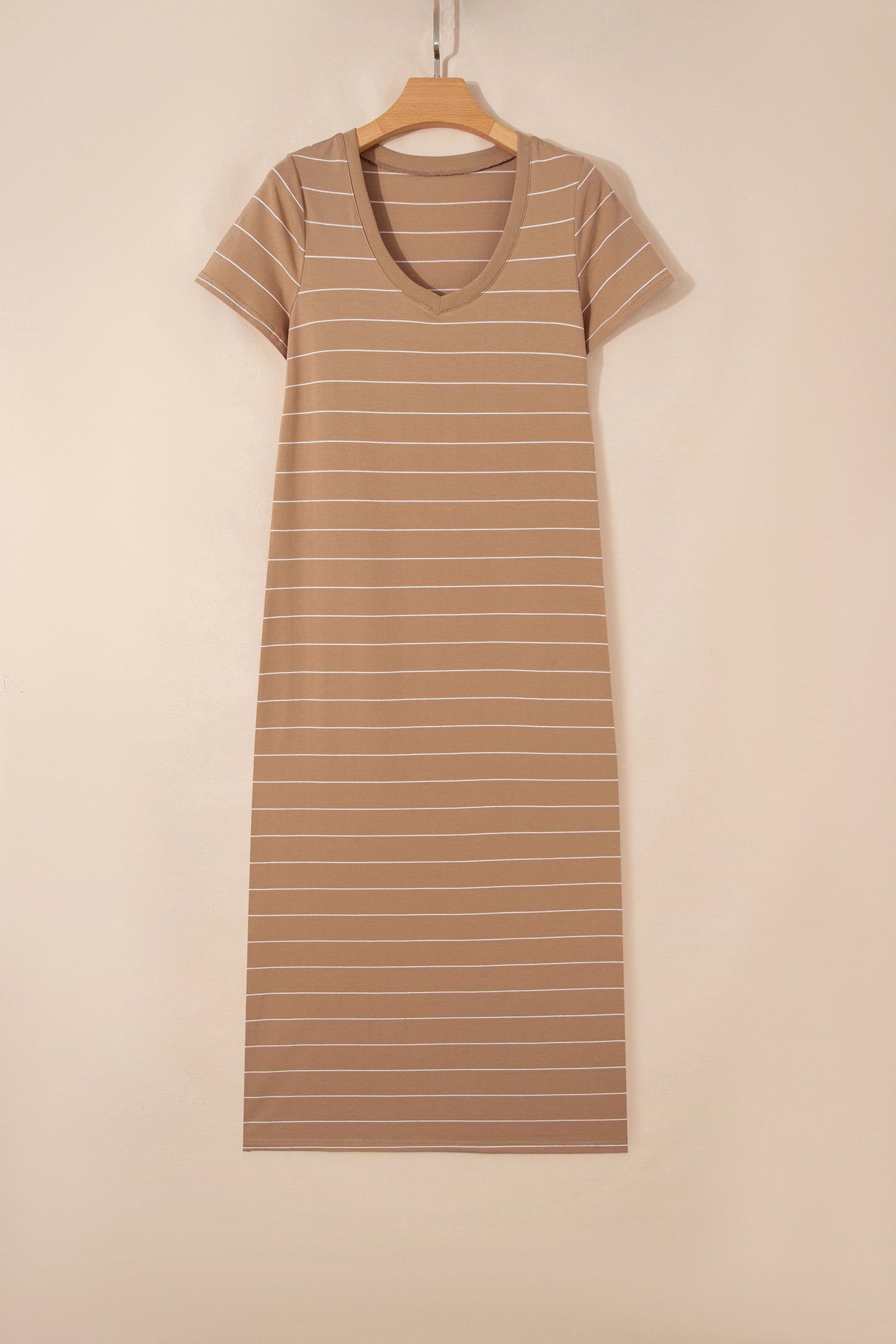 Khaki Stripe Casual Short Sleeve Side Slit Maxi T Shirt Dress