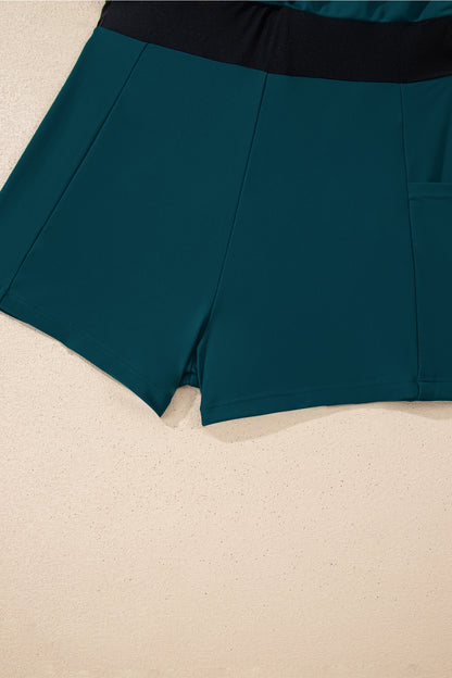 Blue Sapphire Contrast Edge Ruffled High Waist One Piece Swim Dress