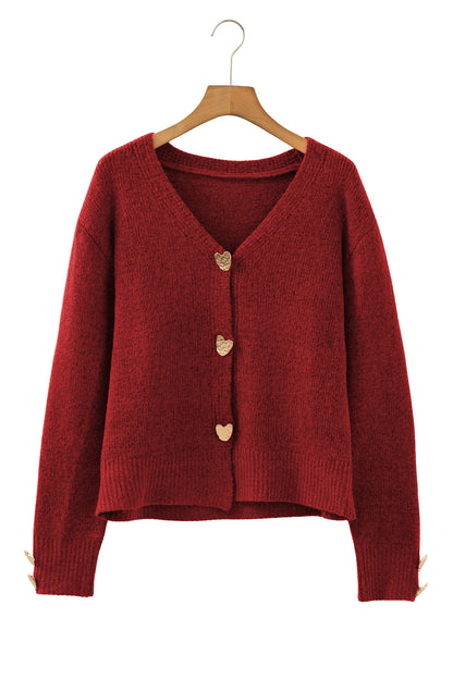Fiery Red Heart Metal Button V Neck Cardigan Sweater