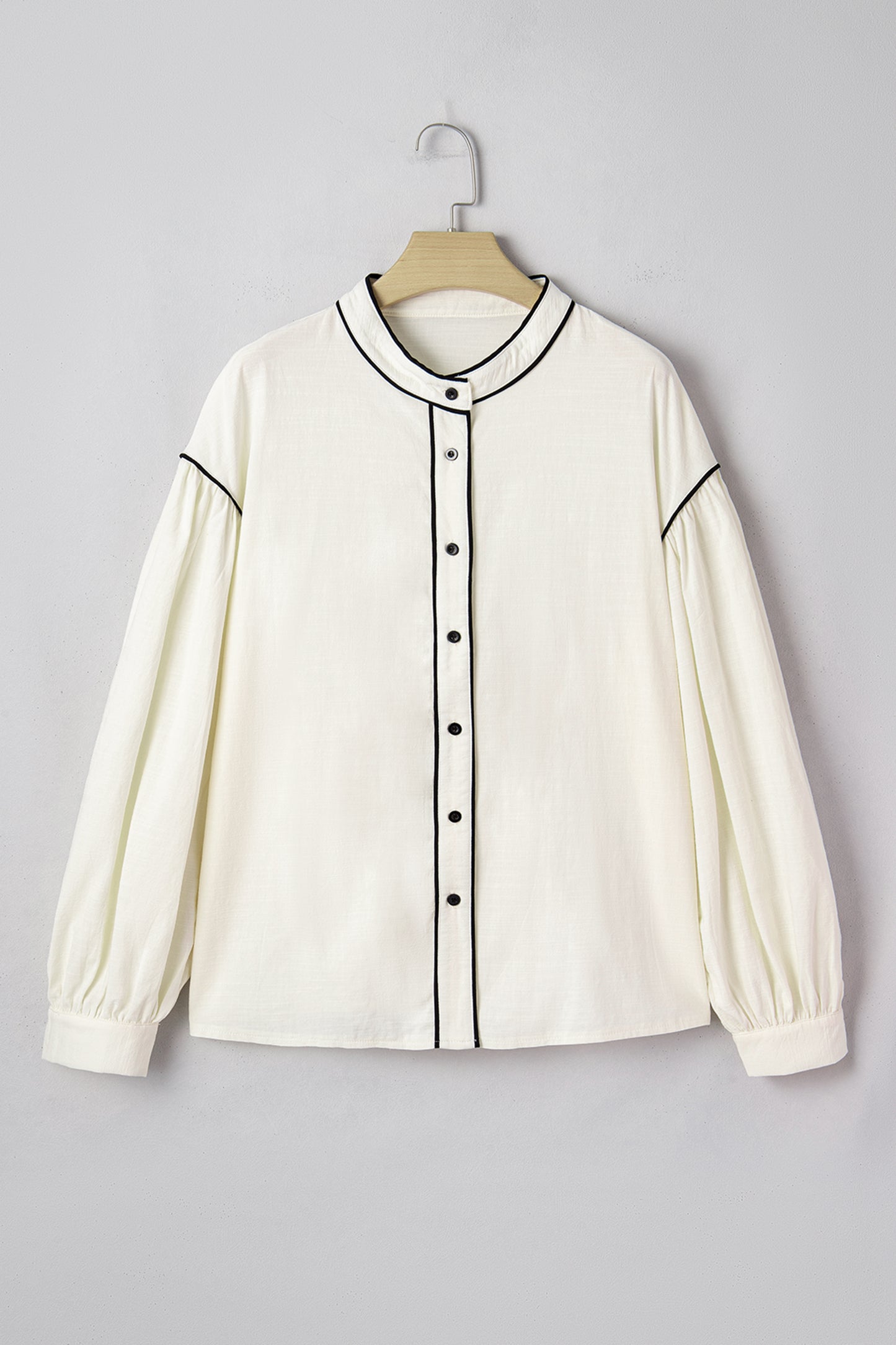 Beige Contrast Color Trim Button Down Long Puff Sleeve Shirt